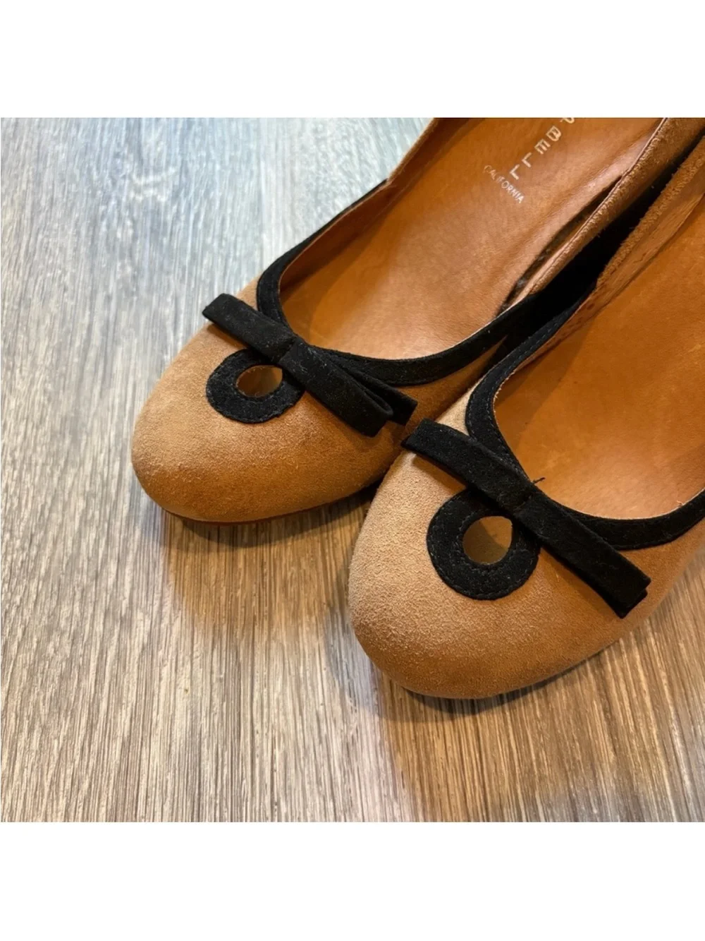 Jeffrey Campbell Tan Suede Wedges with Black Bow Accent